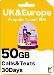 UK & Europe Travel SIM Card - 50GB 5G High Speed Data in UK,12GB Roaming Data in 71 Countries, Ultd Calls and Text in UK - Three (50GB (12GB Roaming Data))