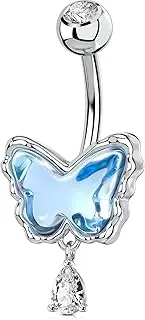 [OUFER] Belly Button Rings, 14G Butterfly Belly Rings, Pave Blue Crystal Stone Belly Piercing Jewelry, 316L Surgical Steel Navel Piercing Jewelry For Women Men