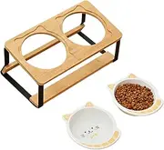 Raised Dog Bowl - Elevated Dog Bowls | Cat Bowls for Indoor Cats Double Tall Ceramic Whisker Friendly Feeding Station with Wooden Base for Kitten Puppy Eating Drinking Apartment City Travel