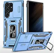 Slide Camera Cover for Samsung Galaxy S23 Ultra,Kickstand with Built-in 360° Rotate Magnetic Ring Stand Shockproof Protective Armor Cover,Sky Blue