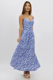 Blue Ditsy Maxi Dress V-Neck - Size 16XL, Women's Maxi Dress