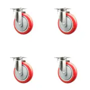 5 Inch 316SS Red Polyurethane Wheel Swivel Top Plate Caster Set Service Caster