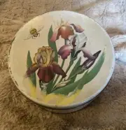 Large Vintage Round Bumble Bee Bearded Iris Flower Botanical Theme Tin