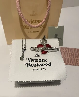 Vivienne Westwood New Diamonte Red Heart Pendent Necklace Silver-Tone