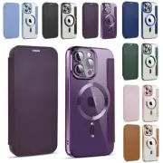 For iPhone 14 Plus 13 12 11 Pro Max Flip Leather Wallet Cover Clear Magsafe Case