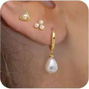 [FAONDU] Pearl Earrings for Women Dainty 14k Gold Pearl Stud Earrings Small Earrings Sets for Multiple Piercing Trendy Cartilage Hoop Earrings Stack Hypoallergenic Gold Chain Earrings for Women Jewelry Gift