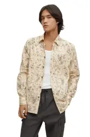Hugo Mens Beige Extra-Slim-Fit Dalmatian-Print Stretch Dress Shirt Size 16 41