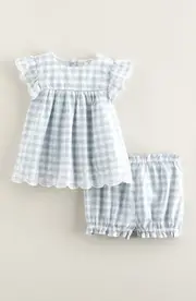 Nordstrom Scalloped Gingham Check Cotton Top & Bloomers in Blue Fog Gingham at Nordstrom, Size 3M