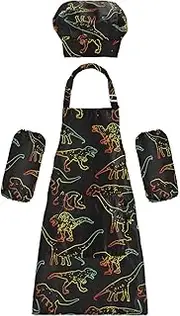 AIXIWAWA Kids Apron Chef Hat Set, Child Kitchen Bib Aprons Adjustable for Cooking Baking Painting (Bright Dinosaur)