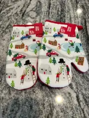 Set of 2 Oven Mitts Snowmen Trucks Trees by Holiday Style