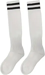 [JYC CREATIVE] Knee High Socks Striped Socks for Men Women Kids School Football Socks Costumes White Black Blue Green Red White 3-6, White, 36-39