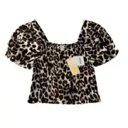 Monteau Puff Sleeve Ruched Crop Top in leopard print square neckline Size Small
