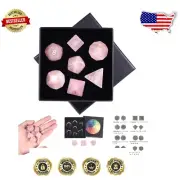 Elegant 7 PCS Rose Quartz Polyhedral DND Dice Set with Chakra Box & Velvet Bag