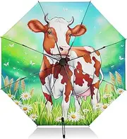 [RPLIFE] Compact Umbrella, Umbrella Strong Windproof, Automatic Open/close, Compact Size for Women Backpacks/Handbags, Cute Brown White Cow Field