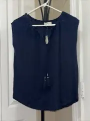 Ann Taylor LOFT Womens BLUE PETITES Top Sz 2P Embroidered Sleeveless PEASANT