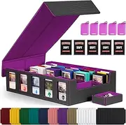 Trading Card Storage Box with Commander Display , 5-Row Deck Case with Removable Lid; 3900+ Card Deck Box for MTG TCG Sports Card, 5 Toploaders, 5 Stoppers, 48 Dividers,1 Dice Tray (Black Purple)