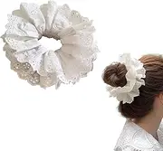 Hair Ties for Women Hair Scrunchies Girls 1 Piece Set White Lace Design Premium Fabric Ponytail Holder Hair Tie (White)
