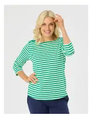 [Fella Hamilton] Escape Stripe 3/4 Sleeve Button Top in Emerald/White