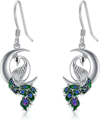 Peacock Earrings 925 Sterling Silver Crescent Half Moon Drop Dangling Gift Women