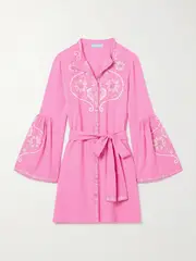 [Melissa Odabash] Melissa Odabash - Everly Embroidered Cotton And Linen-blend Mini Shirt Dress - Pink - x small x small Pink