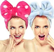 Hairizone 2 Pack Makeup Headbands for Washing Face Shower Spa, Soft and Cute Big Bow Hair Bands for Women and Girls (Light Blue/Roseo)