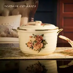 粉紅玫瑰精品屋~韓國Queen Rose皇家玫瑰 鍍金高檔象牙瓷湯鍋~不含匙