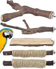 5PCS Large Bird Perch Stand, XICEN Natural Wood Pole Standing Paw Grinding Fork Parrot Cage Branch with Rope for Macaw African Grey Amazon Pet Medium Large Birds Cage Accessories