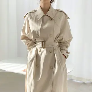 韓國chic法式優雅翻領雙排扣環扣綁帶收腰過膝長袖工裝風衣外套女