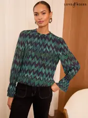Love & Roses Green And Blue Chevron Print Plisse Mesh Long Sleeve Jersey Blouse (AD6989) | $62