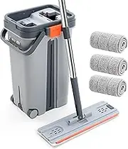 Mop and Bucket with Wringer Set, Hands Free Flat Floor Mop and Bucket with Rolling Wheels, with 3 Washable Microfiber Pads（15 * 4.7 inch）, Wet and Dry Use, Floor Cleaning System