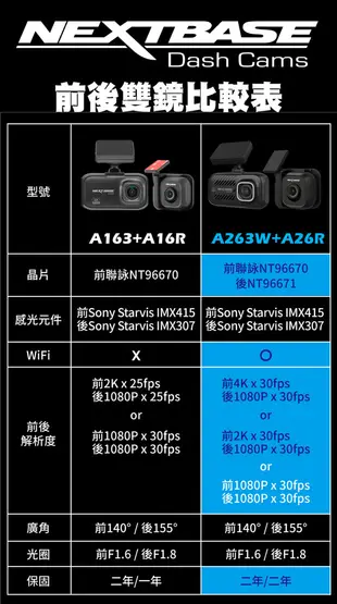 NEXTBASE A263W+A26R【單機】 前後雙鏡 行車記錄器 4K +1080P WIFI (7折)