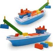 Toyland® 41cm (16") Colourful Cargo Ship with Moveable Doors, Crane & 6 Plastic Containers - Kids Floating Water Toy - Pool & Bathtime Toys - 3 Years +