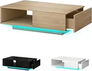 ALFORDSON LED Coffee Table with Sliding Drawer and Open Shelf, Spacious Tabletop Dining Table for Living Room Office Reception, Center Table with RGB Light, Wood