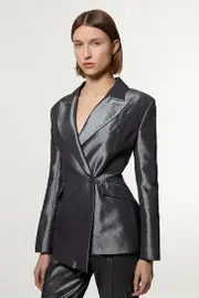 Fluid Tailored Metallic Asymmetric Wrap Blazer