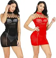 [LOVELYBOBO] 2-Pack Women's Wetlook Lace Dress Deep Neck Backless Dress Zip Back Clubwear Party Dress (Black + Red), red Black, One Size Plus
