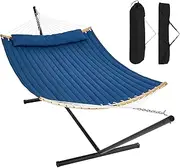 VEVOR Two Person Hammock with Stand Included, Double Hammock with Curved Spreader Bar and Detachable Pillow and Portable Carrying Bag, Perfect for Outdoor Freestanding Hammock, 480lb Capacity