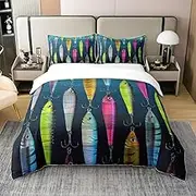 100% Cotton Colourful Fish Bed Linen Set, 135 x 200 cm, Fish Hooks, Fishing Duvet Cover for Boys and Girls, Rustic Farmhouse Comforter Cover, Bedroom Decor, Soft Breathable Bed Linen Cover