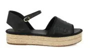 Fendi Black Leather Logo Slide Flat Ankle Strap Platform Espadrille Sandal 36.5