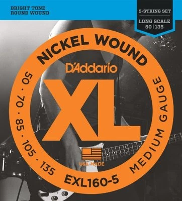 D'Addario 5-String Nickel Wound Bass Guitar Strings, Medium, 50-135, Long Scale
