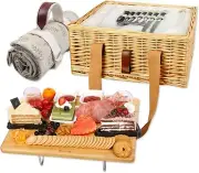 Wicker Picnic Basket for 2 with Mini Folding Wine Picnic Table & Large Insula...