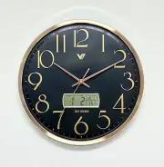 Clock : 36cm Round Analog Wall Clock (14") - with Digital Calendar (Black)