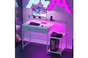 Advwin Gaming Desk with LED Lights & Power Outlets Reversible Printer Storage Shelf 120cm Computer Desk White