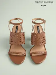 Tan Brown Tabitha Simmons x Next Dahlia Leather Round Toe Laser Cut Detail Block Heel Sandals (AR0675) | $216