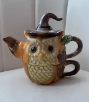 Cracker Barrel Stoneware Pumpkin Owl Tea Pot Mug Cup Tea for One Fall NIB