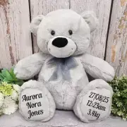 Newborn Gift, Baby Birth Details Teddy Bear 40cm Plush Grey