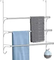 3 Tier Over the Door Towel Rail, Adjustable Bathroom Towel Rack with 2 Hooks, Hanging Towel Holder for Storage Organiser Towelsor Clothes, Silver
