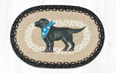 2 PC Braided Jute Oval Stenciled Placemat/Trivet/Swatch. Earth Rugs. BLACK LAB.