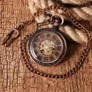 Red Copper Roman Numerals Dial Skeleton Mechanical Pocket Watch Open Face Design