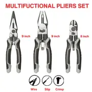 3pc Pliers Set 8" Wire Stripper Cutter Crimper 8" Long Nose 7" Diagonal Tool