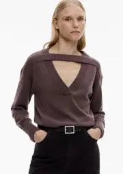 Witchery V Neck Cut Out Wool Knit Pullover Jumper Size M, 12, Raisin Brown BNWT